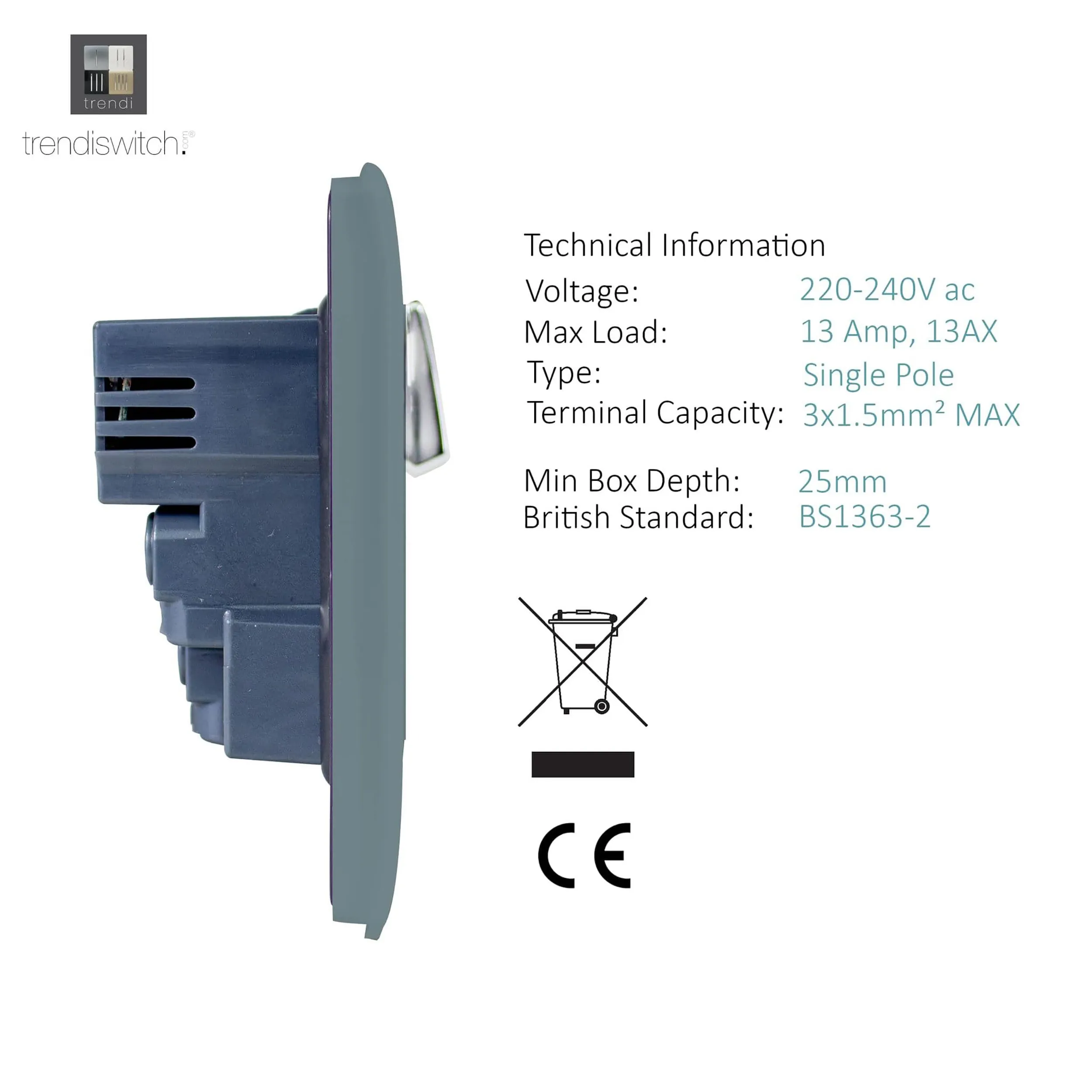 1 Gang 13Amp Switched Single Socket With 2 x USB Cool Grey ART-SKT13USBCG  Trendi Cool Grey